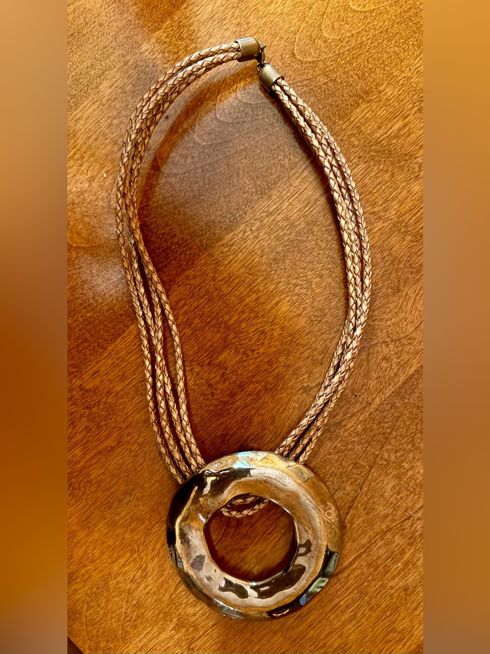 Handcrafted, Silver Hammered Donut Pendant Necklace Braided Multi Strand Modern